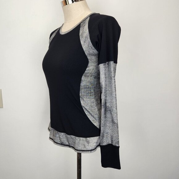 Nux Long Sleeve Workout Top M Black Silver Colorblock Crew Neck Activewear - Picture 2 of 9